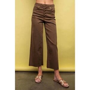 New Easel Button Fly Twill Wide Bottom Pants Brown Medium High Waisted Wide Leg